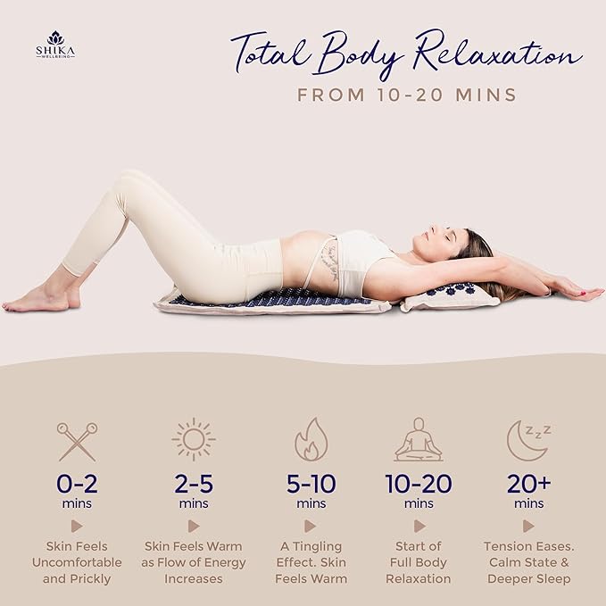 Shika Wellbeing Acupressure Mat & Pillow Set: Eco-luxe acupuncture for stress relief. Ethical, sustainable, and durable with storage bag and gift box.