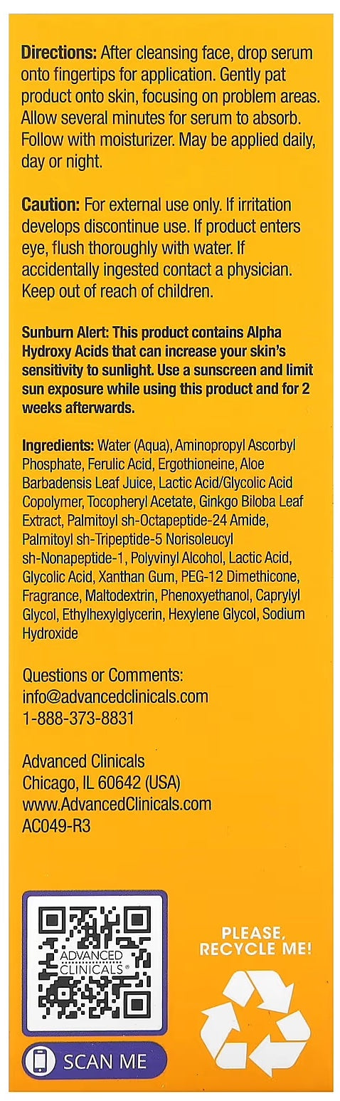 Advanced Clinicals presents its Anti-Aging Vitamin C Serum in a 1.75 fl oz (52 ml) bottle.