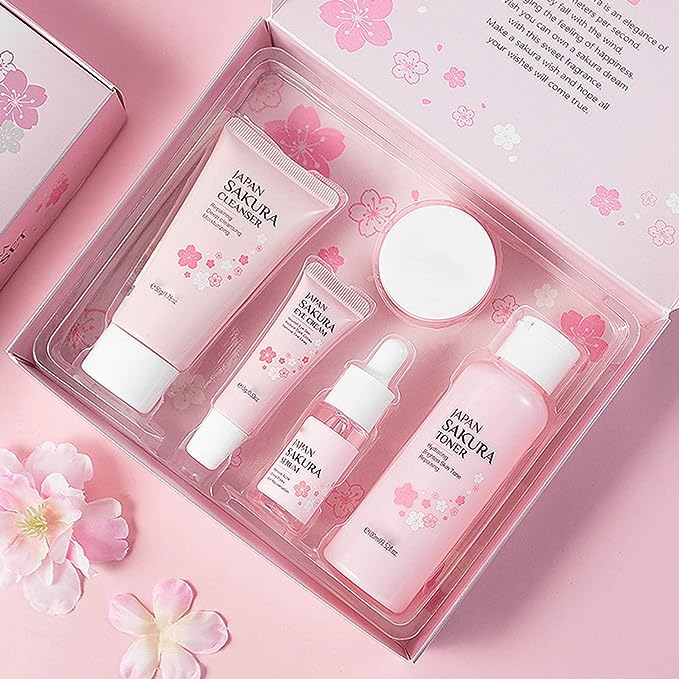 Fashion Base Skincare Set - 5-piece teen skincare gift set in pink, including cleanser, toner, serum, eye cream, and essence serum, for all skin types
