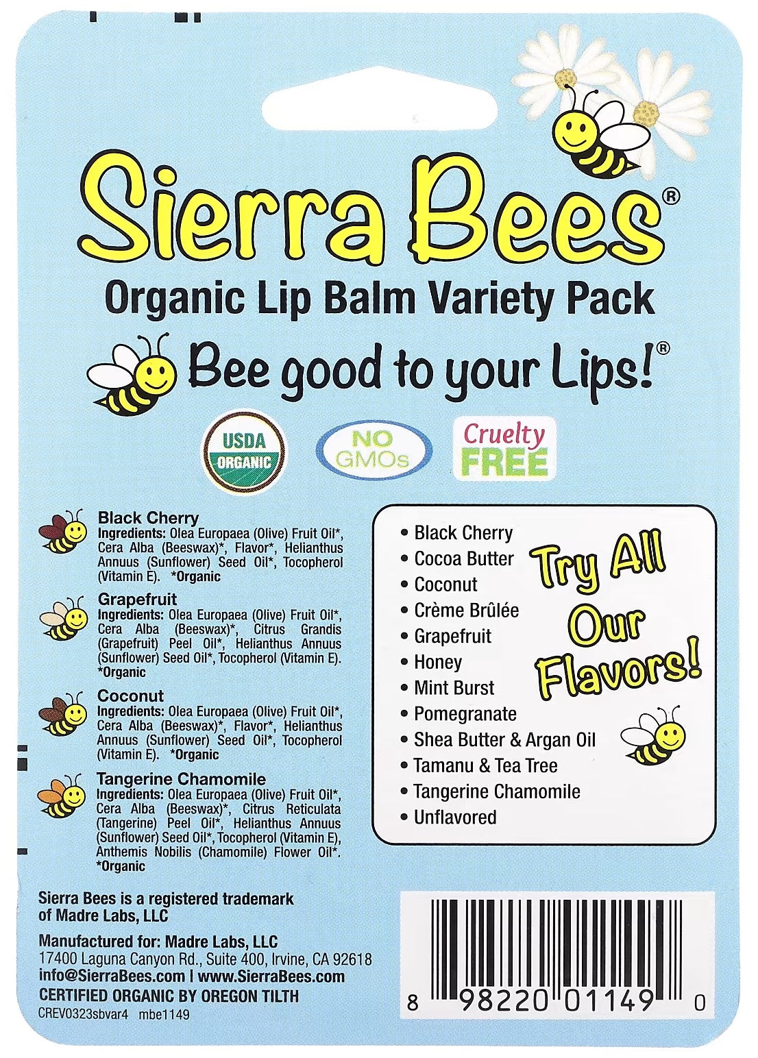Sierra Bees Organic Lip Balm Variety Pack, 4-Pack, 0.15 oz (4.25 g) Each