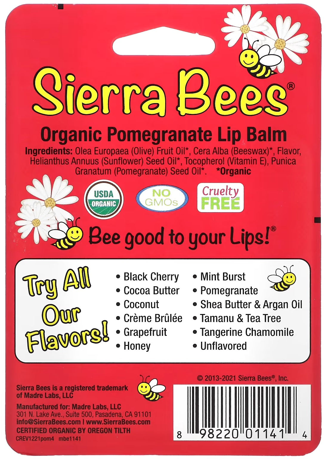 Sierra Bees Organic Lip Balms, Pomegranate, 4-Pack, 0.15 oz (4.25 g) Each
