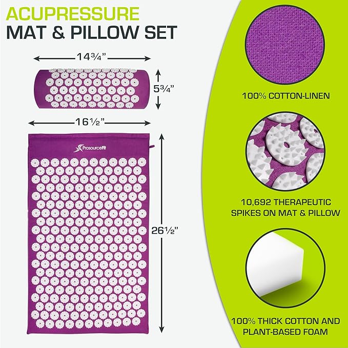 ProsourceFit offers a comprehensive Acupressure Mat and Pillow Set designed to provide relief from back and neck discomfort, as well as promote muscle relaxation.