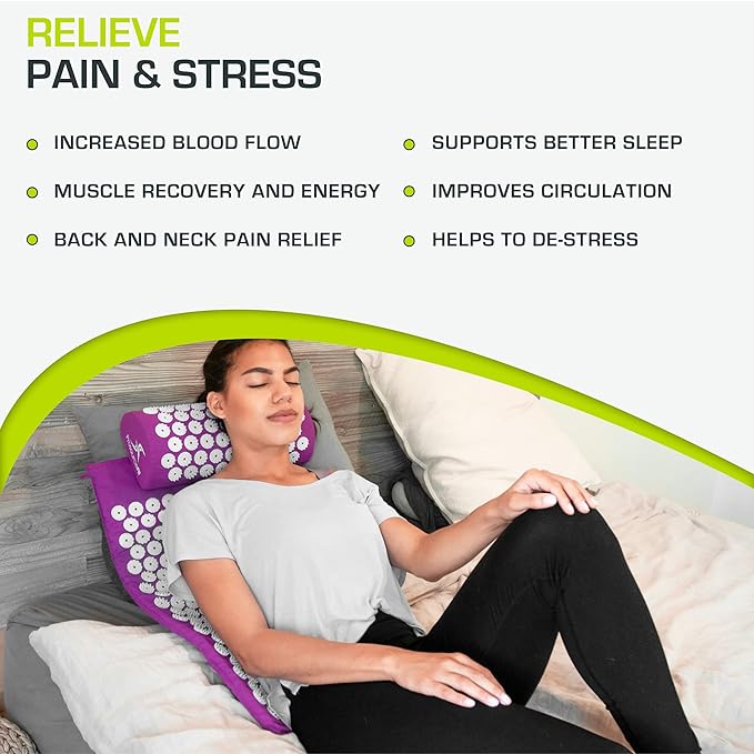 ProsourceFit offers a comprehensive Acupressure Mat and Pillow Set designed to provide relief from back and neck discomfort, as well as promote muscle relaxation.