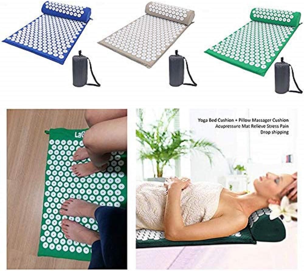 Discover the Volwco Acupressure Mat and Pillow Set, designed for relieving back and neck pain, and offering a yoga spike cushion massager experience. This Shakti mat set includes a convenient carry bag for easy storage and travel.