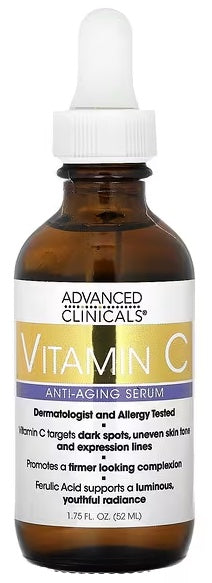 Advanced Clinicals presents its Anti-Aging Vitamin C Serum in a 1.75 fl oz (52 ml) bottle.