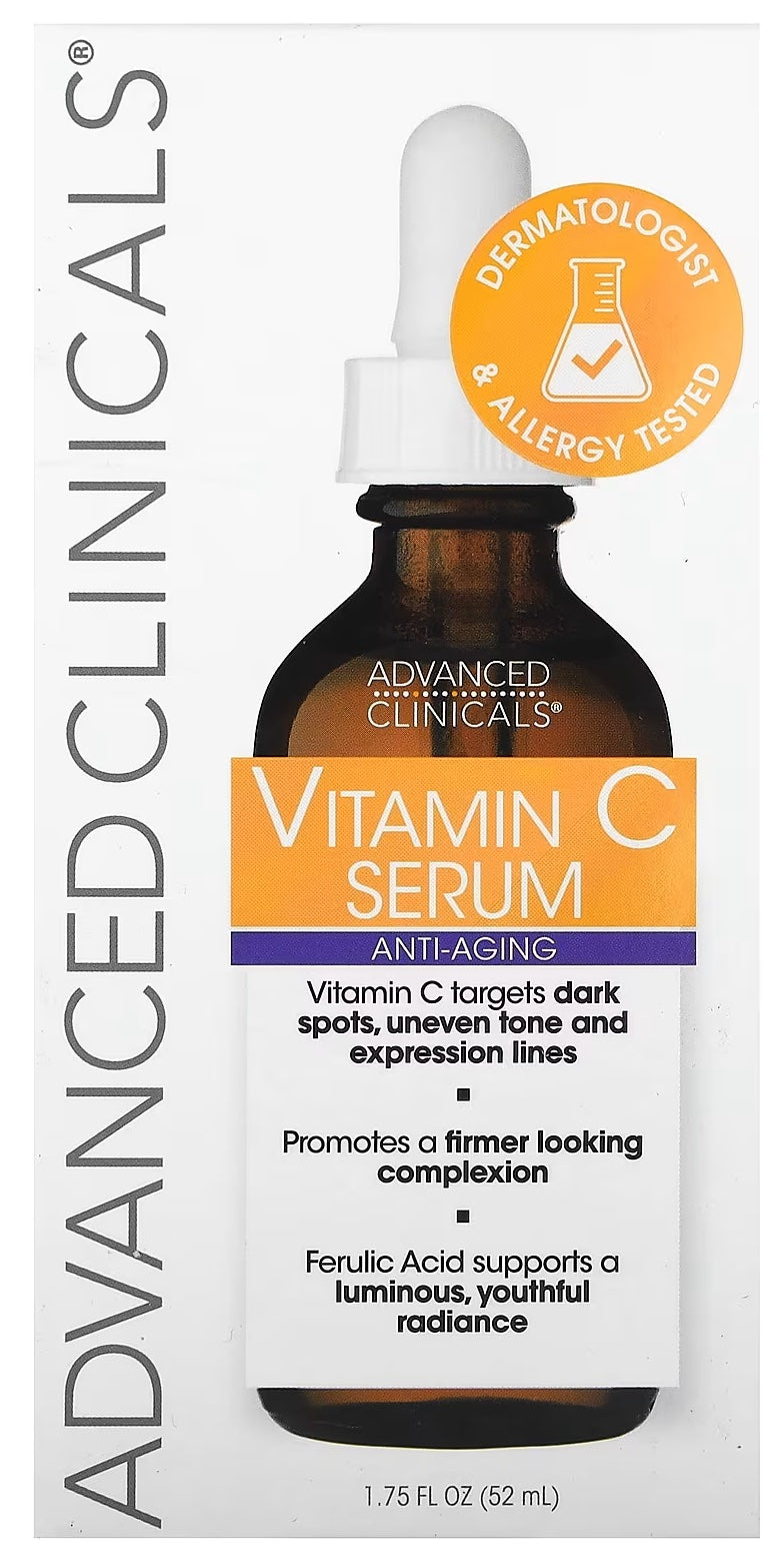 Advanced Clinicals presents its Anti-Aging Vitamin C Serum in a 1.75 fl oz (52 ml) bottle.