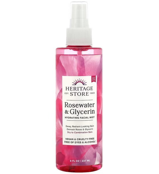 Rosewater & Glycerin Hydrating Facial Mist by Heritage Store, in an 8 fl oz (237 ml) bottle.