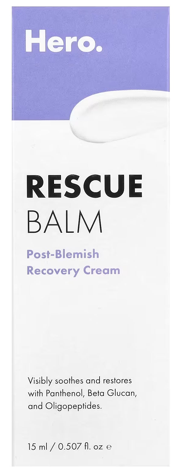 Hero Cosmetics presents Rescue Balm, a Post Blemish Recovery Cream, available in a 0.507 fl oz (15 ml) tube.