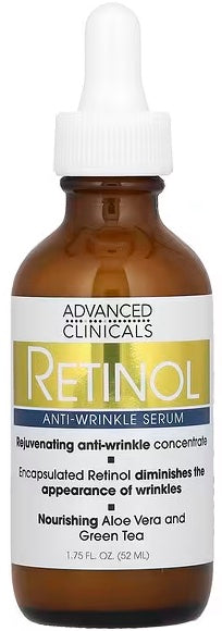 Introducing Advanced Clinicals Anti-Wrinkle Retinol Serum, available in a 1.75 fl oz (52 ml) bottle.