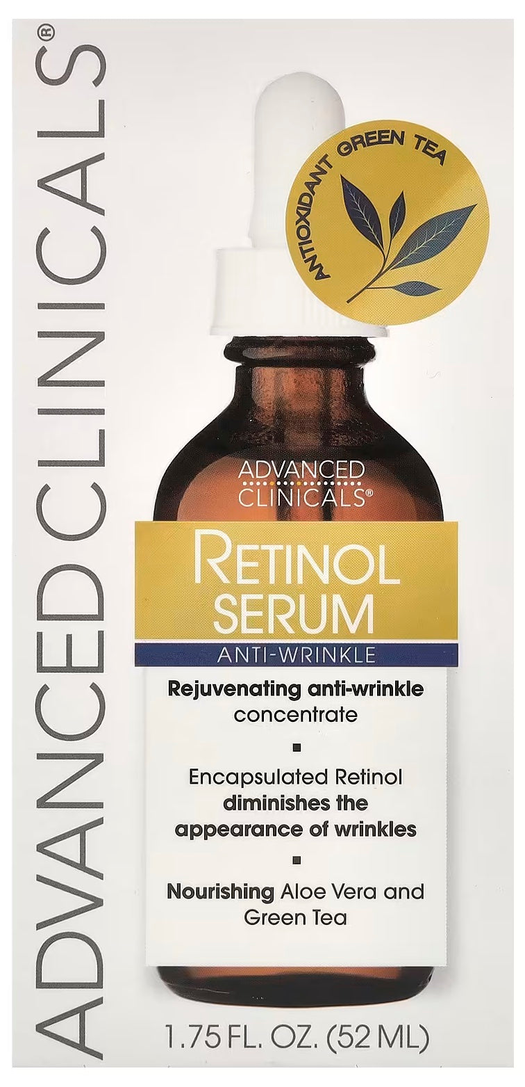 Introducing Advanced Clinicals Anti-Wrinkle Retinol Serum, available in a 1.75 fl oz (52 ml) bottle.