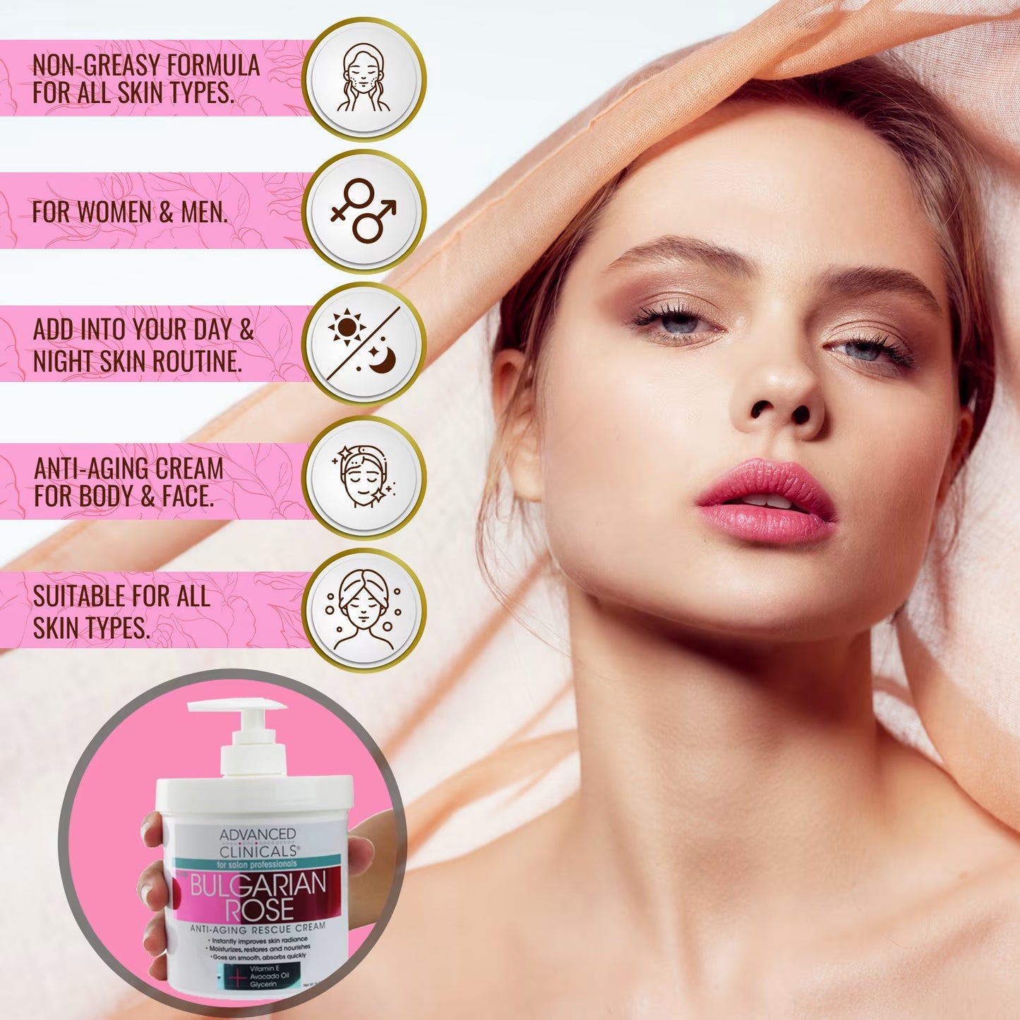 Introducing Advanced Clinicals Bulgarian Rose Anti-Aging Rescue Cream, now available in a 16 oz (454 g) jar.