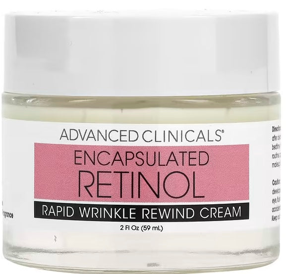 Introducing Advanced Clinicals Fragrance-Free Rapid Wrinkle Rewind Cream, enriched with Encapsulated Retinol, now available in a 2 fl oz (59 ml) bottle.