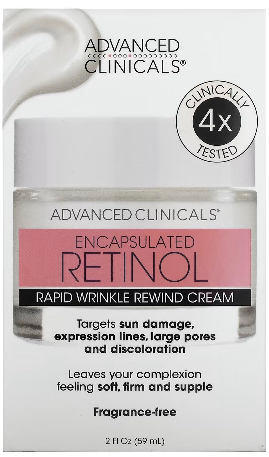 Introducing Advanced Clinicals Fragrance-Free Rapid Wrinkle Rewind Cream, enriched with Encapsulated Retinol, now available in a 2 fl oz (59 ml) bottle.