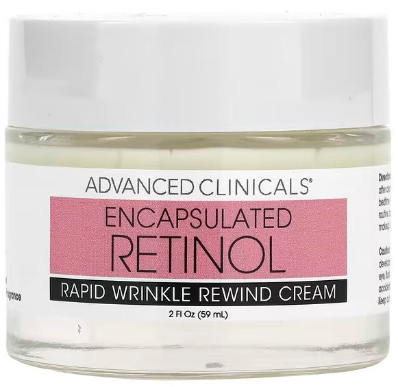 Introducing Advanced Clinicals Fragrance-Free Rapid Wrinkle Rewind Cream, enriched with Encapsulated Retinol, now available in a 2 fl oz (59 ml) container.