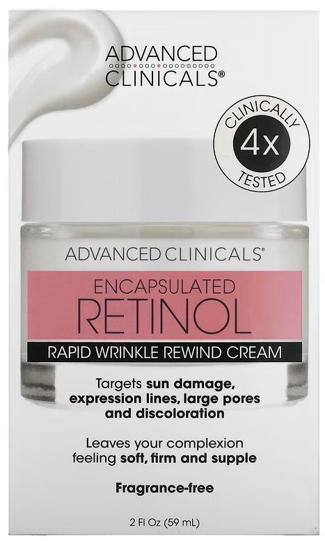 Introducing Advanced Clinicals Fragrance-Free Rapid Wrinkle Rewind Cream, enriched with Encapsulated Retinol, now available in a 2 fl oz (59 ml) container.