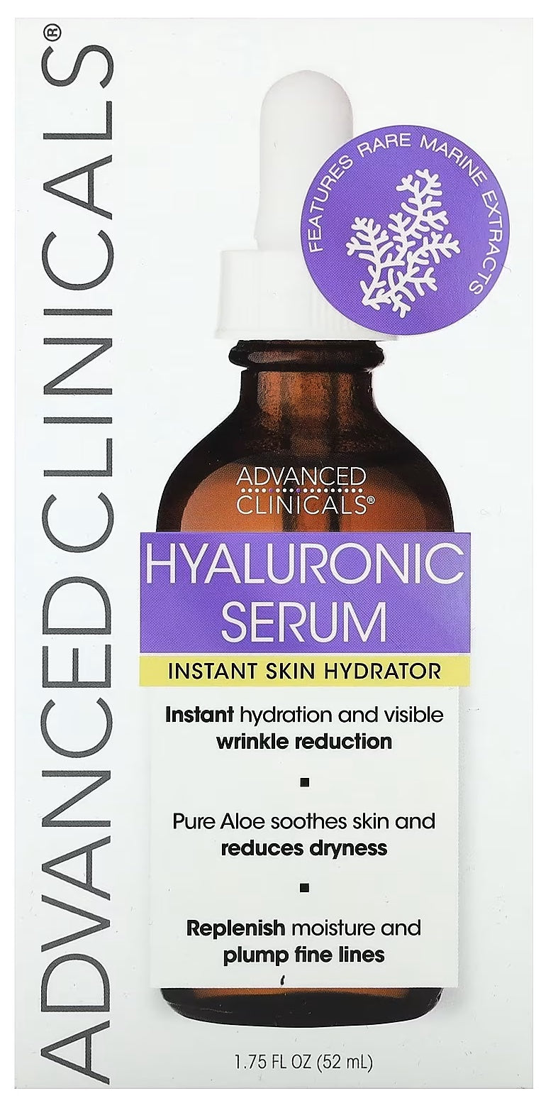 Introducing Advanced Clinicals Instant Skin Hydrator Hyaluronic Serum, available in a 1.75 fl oz (52 ml) bottle.