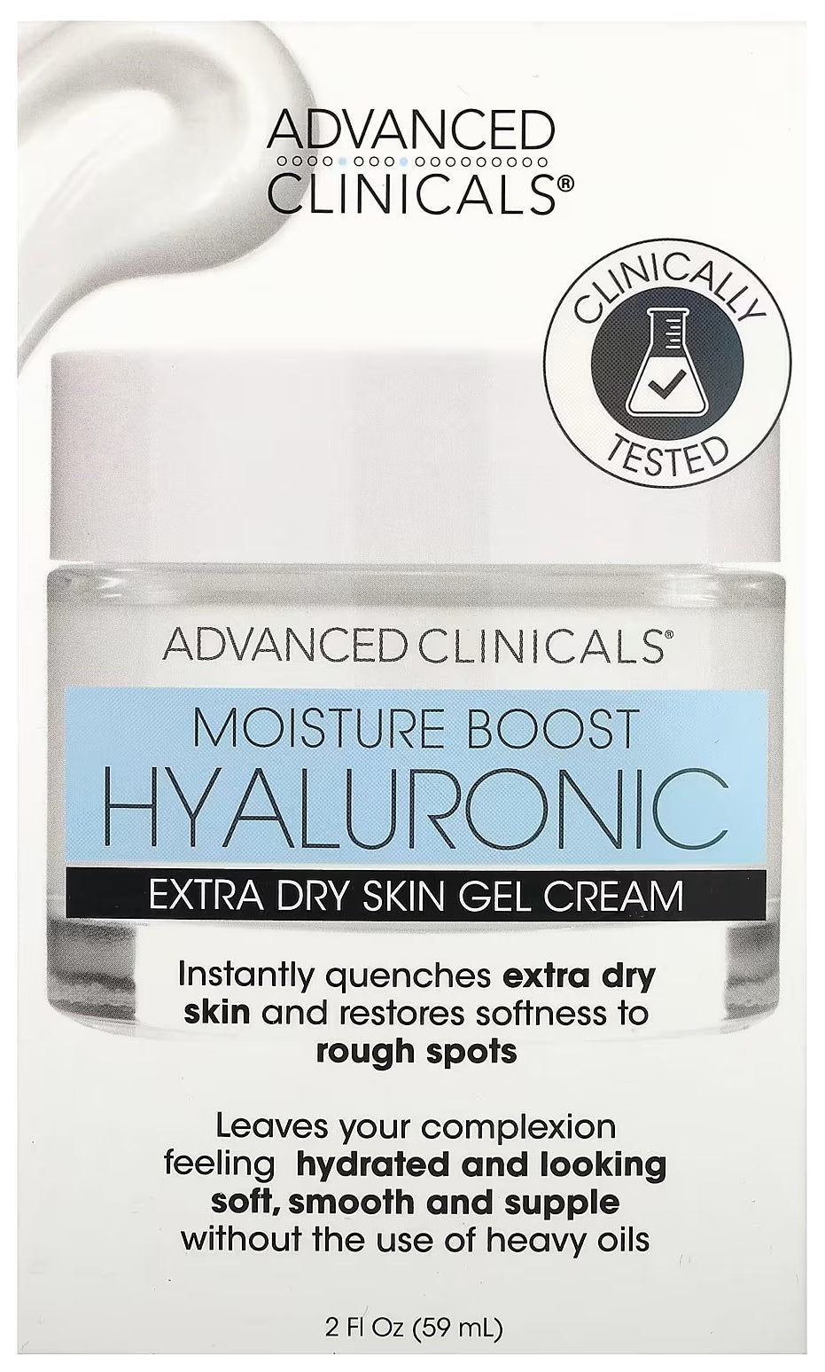 Introducing Advanced Clinicals Moisture Boost Hyaluronic Extra Dry Skin Gel Cream, now available in a 2 fl oz (59 ml) size.