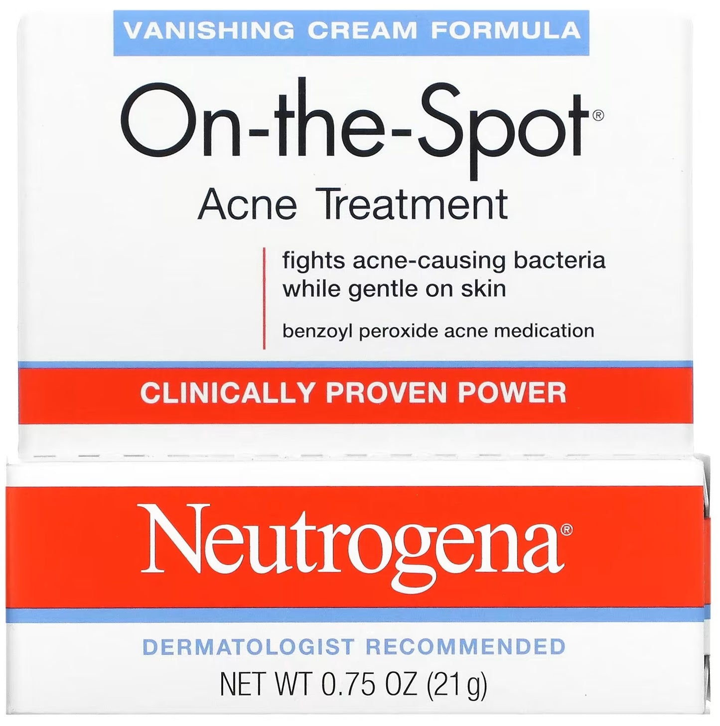 Neutrogena's On-the-Spot Acne Treatment is available in a 0.75 oz (21 g) tube.