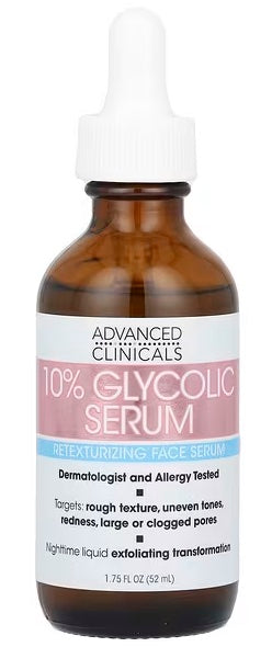 Presenting our Advanced Clinicals 10% Glycolic Serum, available in a convenient 1.75 fl oz (52 ml) bottle.