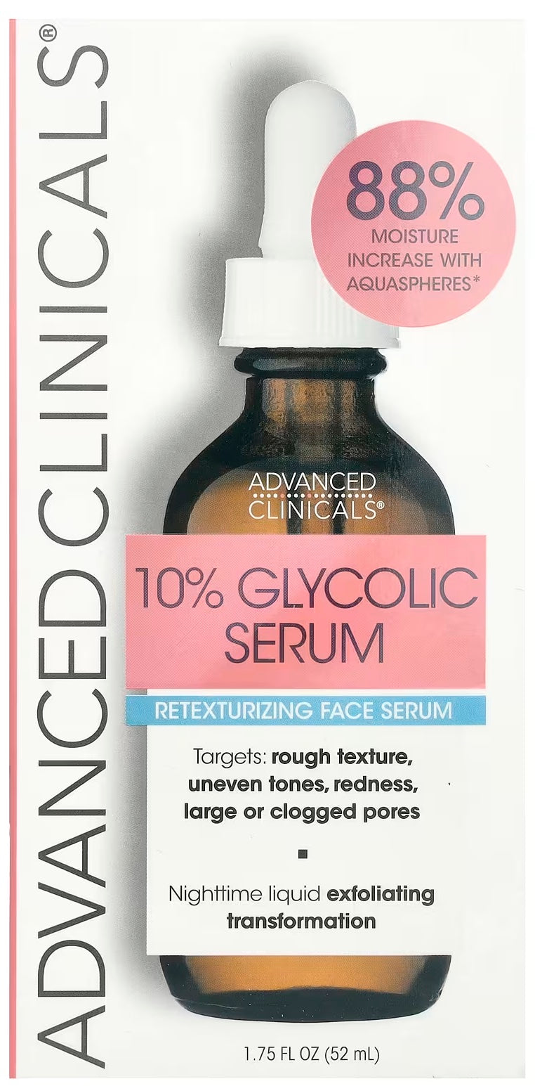 Presenting our Advanced Clinicals 10% Glycolic Serum, available in a convenient 1.75 fl oz (52 ml) bottle.