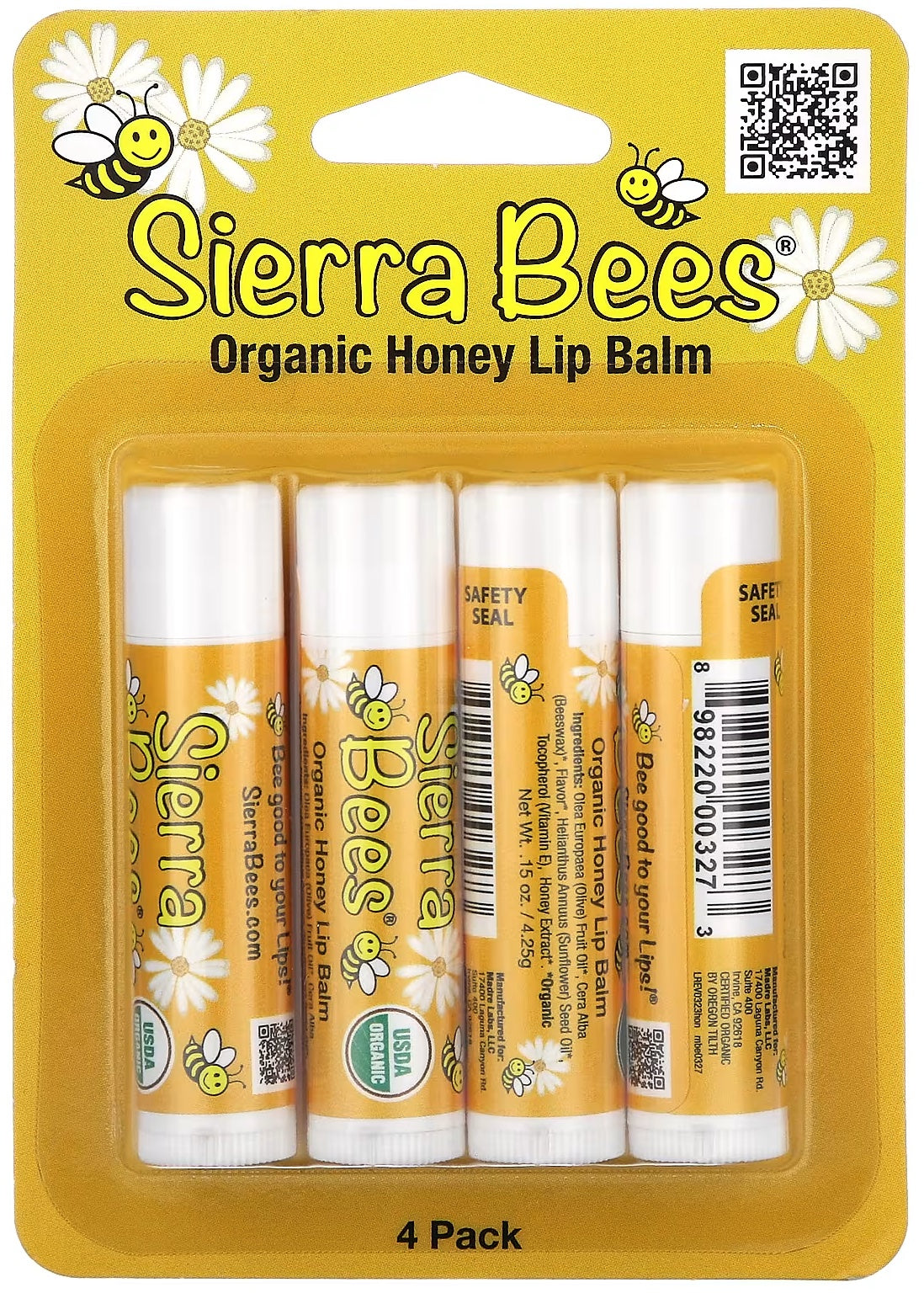 Sierra Bees Organic Honey Lip Balms, 4 Pack, 0.15 oz (4.25 g) Each