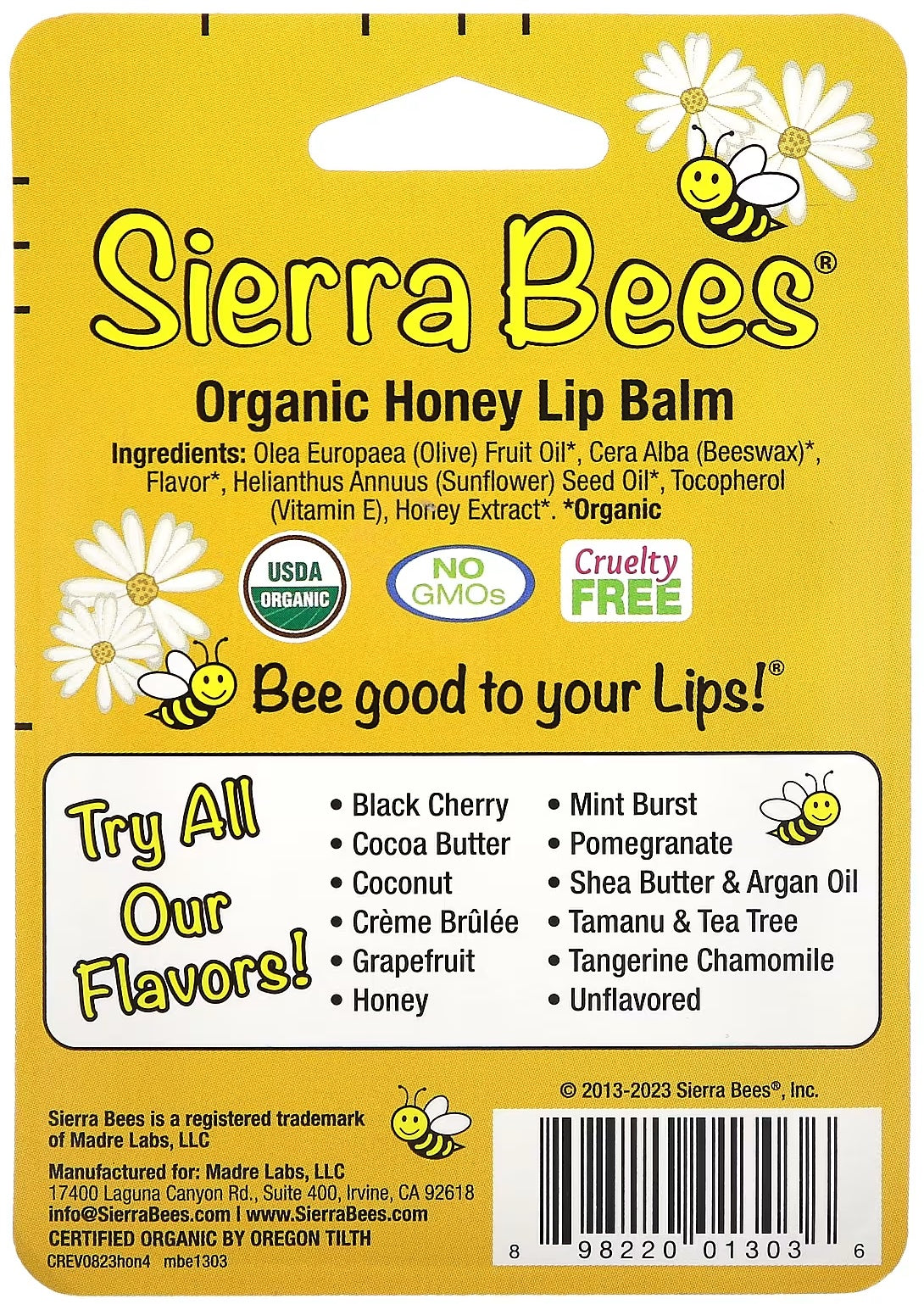 Sierra Bees Organic Honey Lip Balms, 4 Pack, 0.15 oz (4.25 g) Each