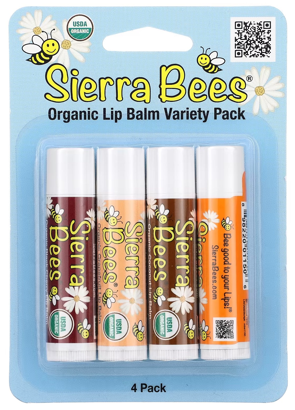 Sierra Bees Organic Lip Balm Variety Pack, 4-Pack, 0.15 oz (4.25 g) Each