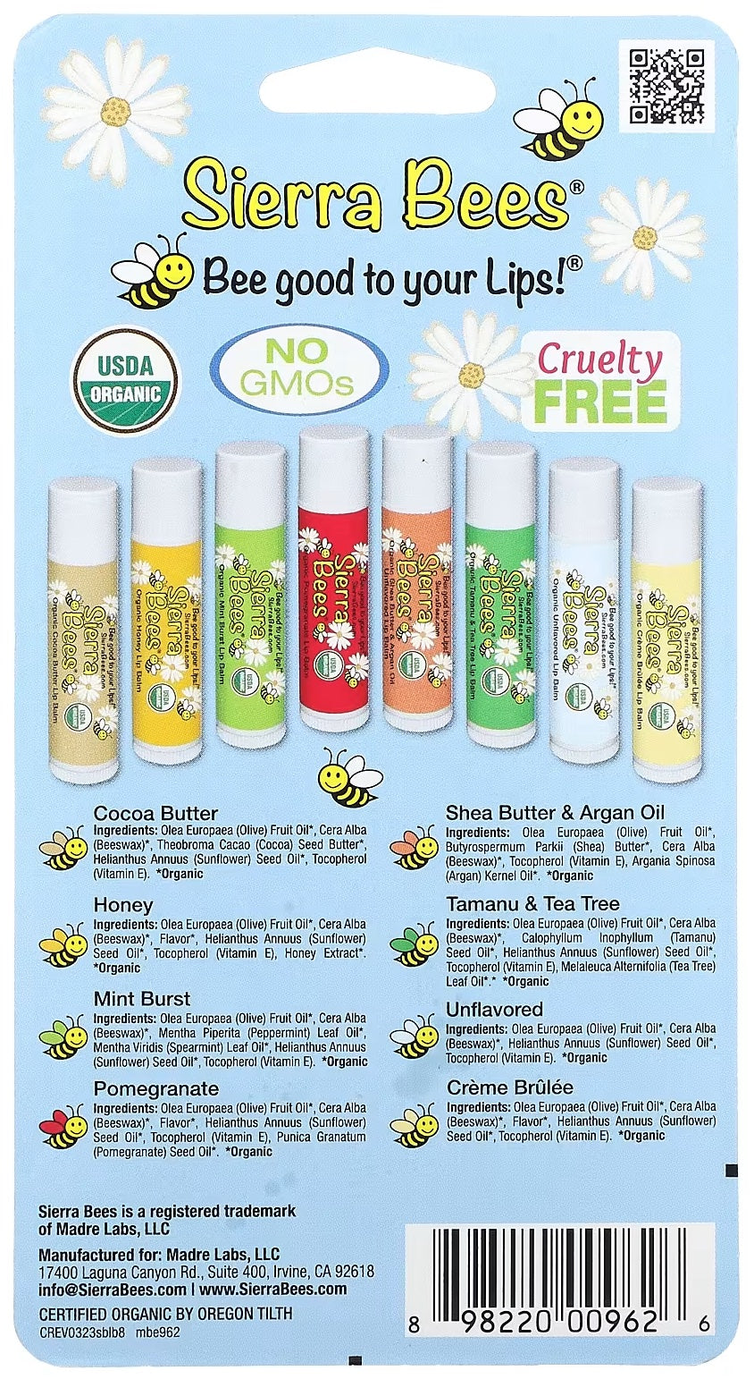 Sierra Bees Organic Lip Balms Combo Pack, 8-Pack, 0.15 oz (4.25 g) Each