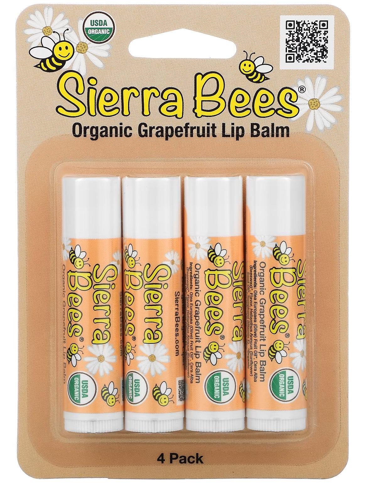 Sierra Bees Organic Lip Balms, Grapefruit, 4-Pack (0.15 oz / 4.25 g each)