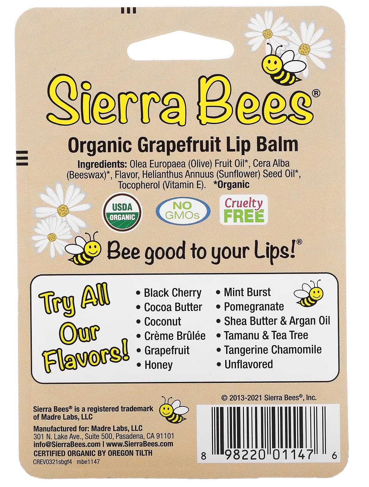 Sierra Bees Organic Lip Balms, Grapefruit, 4-Pack (0.15 oz / 4.25 g each)