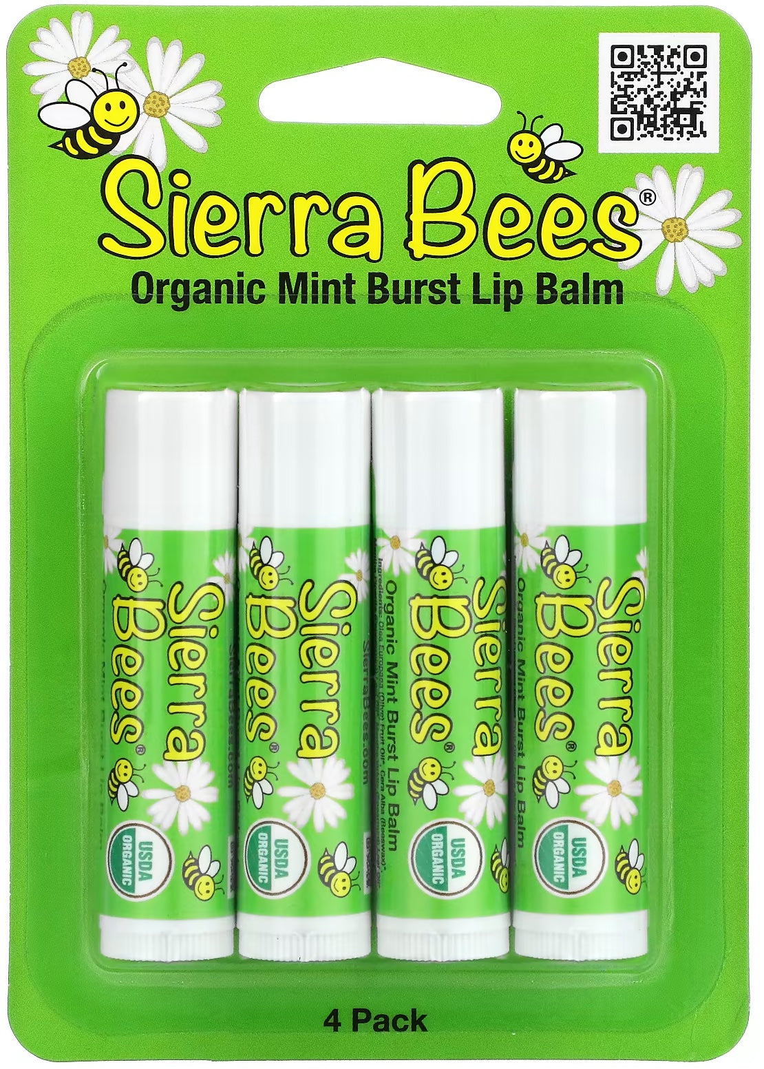 Sierra Bees Organic Lip Balms, Mint Burst, 4-Pack, 0.15 oz (4.25 g) Each