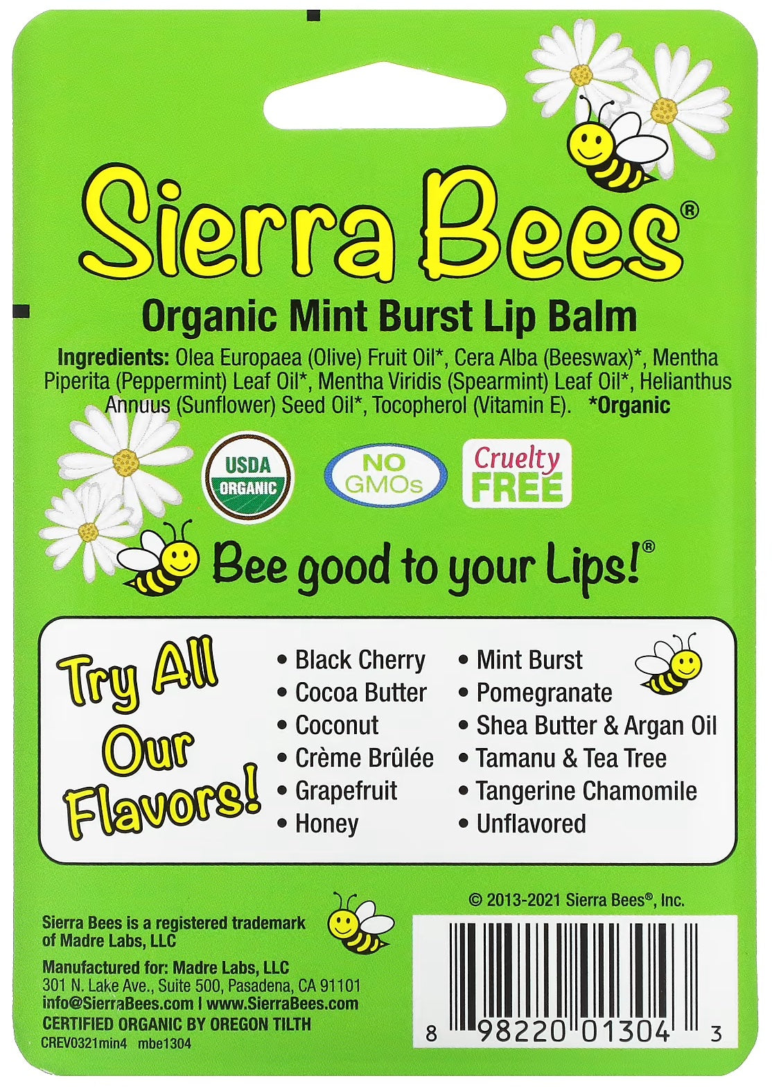 Sierra Bees Organic Lip Balms, Mint Burst, 4-Pack, 0.15 oz (4.25 g) Each