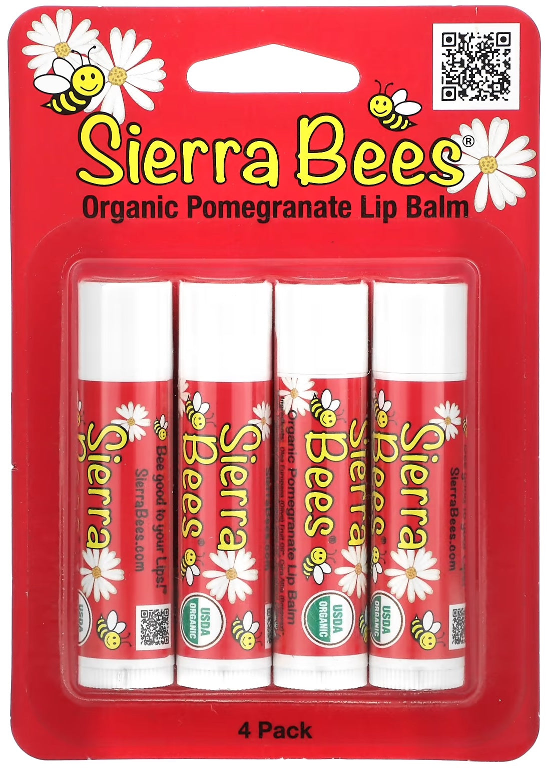 Sierra Bees Organic Lip Balms, Pomegranate, 4-Pack, 0.15 oz (4.25 g) Each