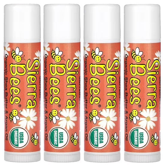 Sierra Bees Organic Lip Balms, Shea Butter & Argan Oil, 4-Pack, 0.15 oz (4.25 g) Each