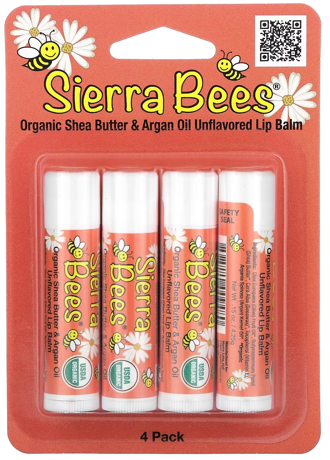 Sierra Bees Organic Lip Balms, Shea Butter & Argan Oil, 4-Pack, 0.15 oz (4.25 g) Each