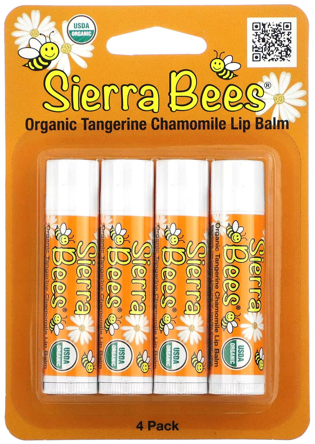 Sierra Bees Organic Lip Balms, Tangerine Chamomile, 4-Pack, 0.15 oz (4.25 g) Each