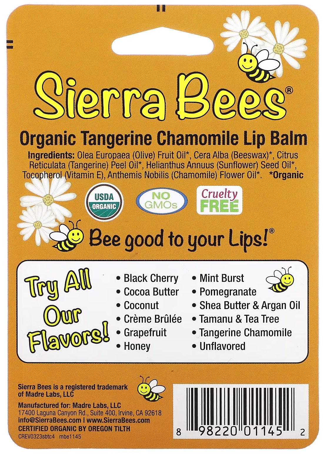 Sierra Bees Organic Lip Balms, Tangerine Chamomile, 4-Pack, 0.15 oz (4.25 g) Each