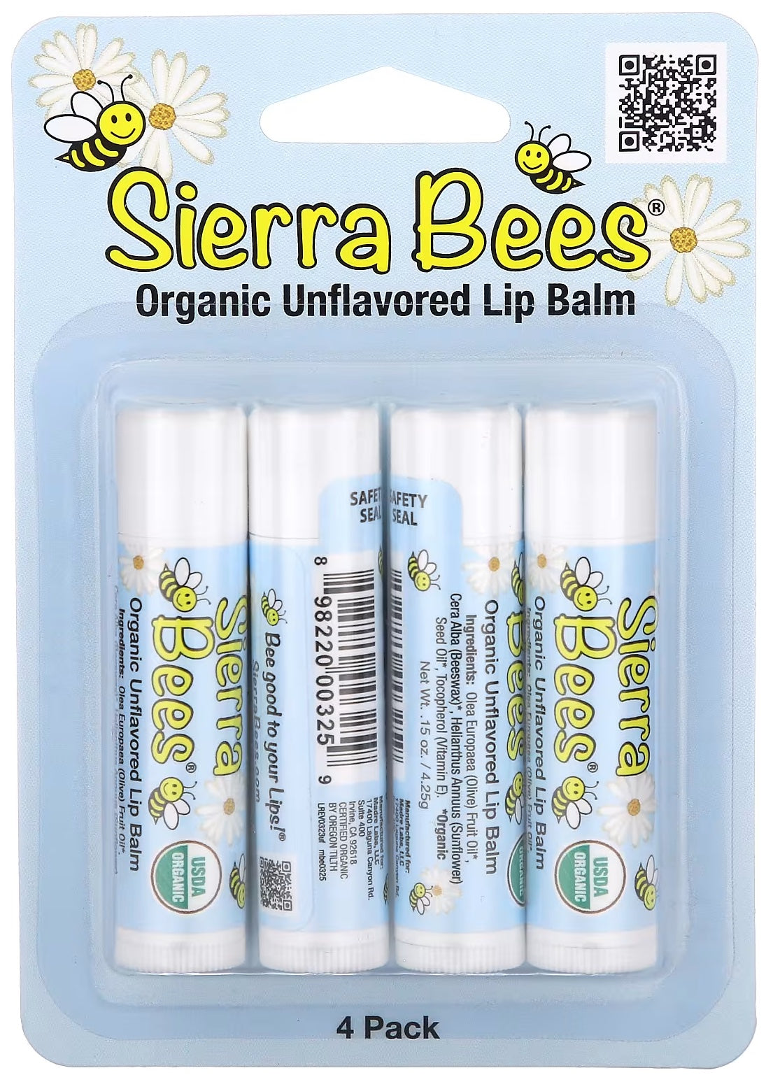 Sierra Bees Organic Lip Balms, Unflavored, 4-Pack, 0.15 oz (4.25 g) Each