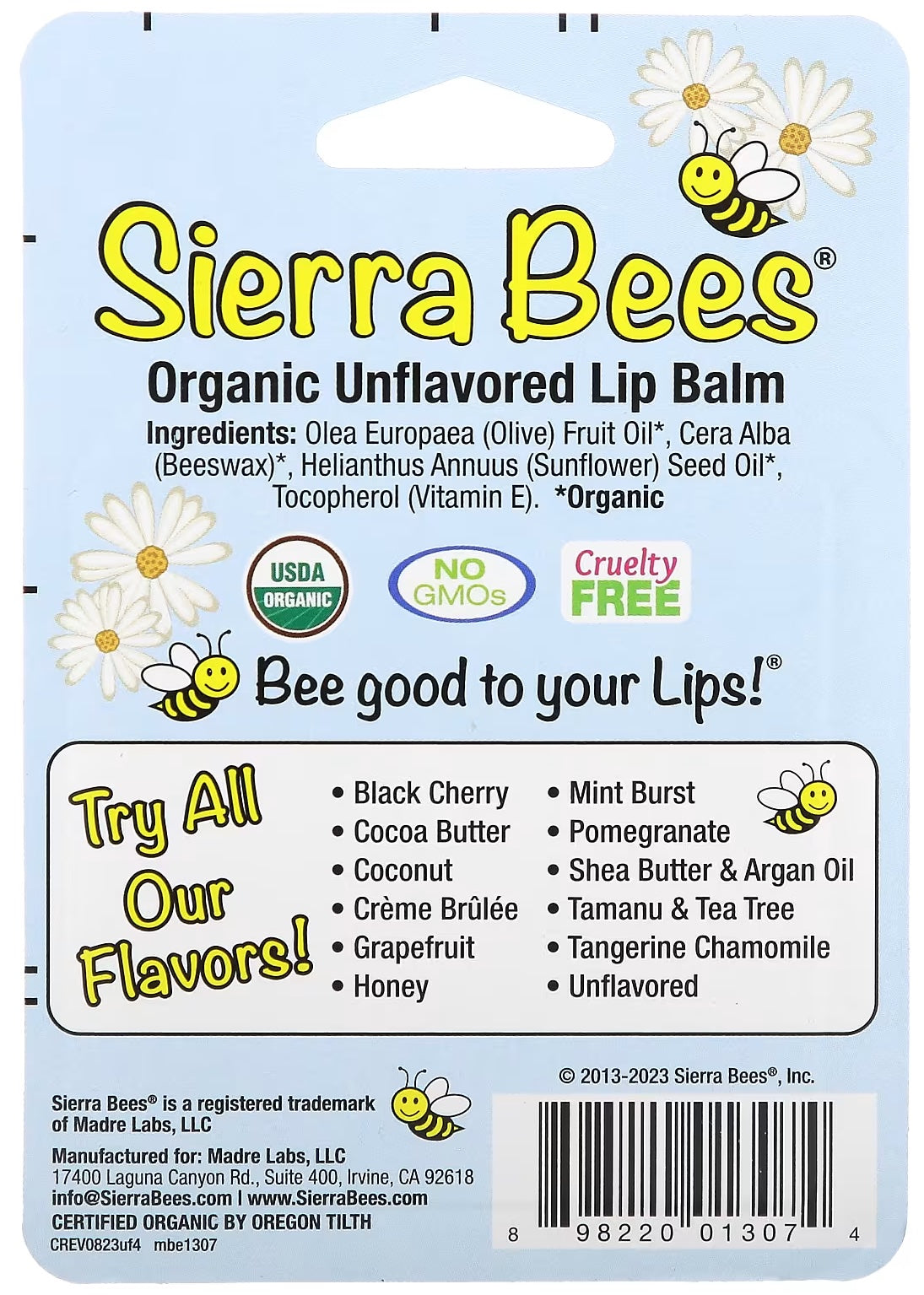 Sierra Bees Organic Lip Balms, Unflavored, 4-Pack, 0.15 oz (4.25 g) Each