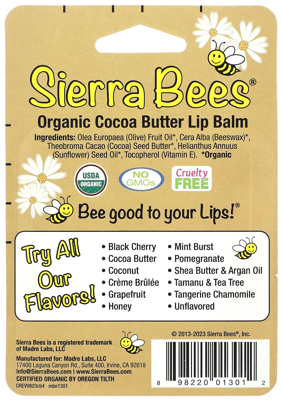 Sierra Bees, Organic Lip Balms, Cocoa Butter, 4 Pack, 0.15 oz (4.25 g) Each