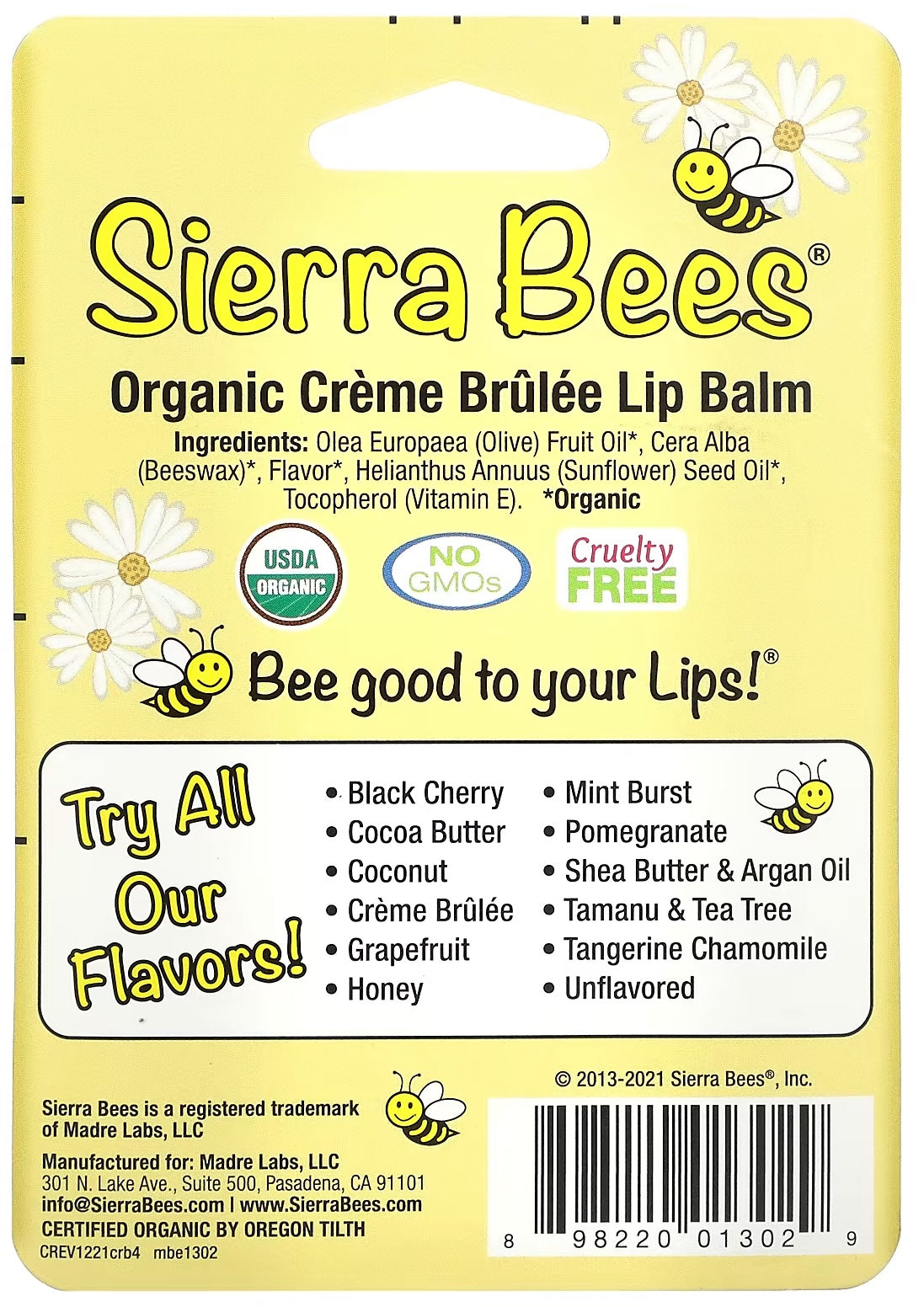 Sierra Bees, Organic Lip Balms, Creme Brulee (Vanilla), 4 Pack, 0.15 oz (4.25 g) Each