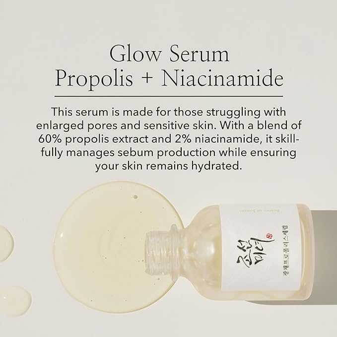 Introducing the Joseon Beauty Glow Serum, a potent formulation infused with Propolis and Niacinamide, available in a 1.01 fluid ounce (30 ml) bottle.